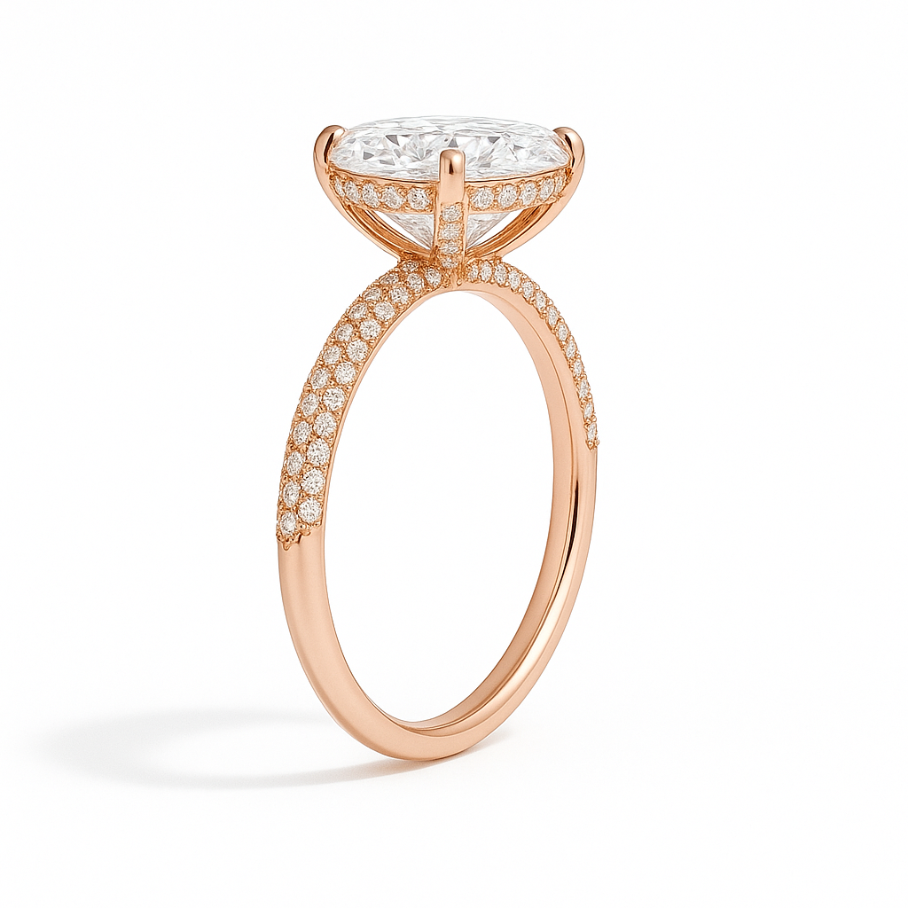 Anna Marquise 3-Reihiger Pavé Verlobungsring aus 14k Roségold mit einem funkelnden, laborgezüchteten Diamanten – handgefertigt, nachhaltig, von Labgrownlove