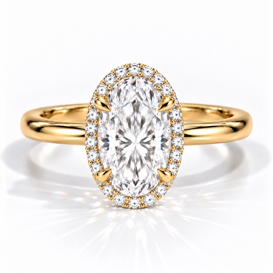 Ovaler Halo-Verlobungsring aus Gelbgold mit Labordiamant