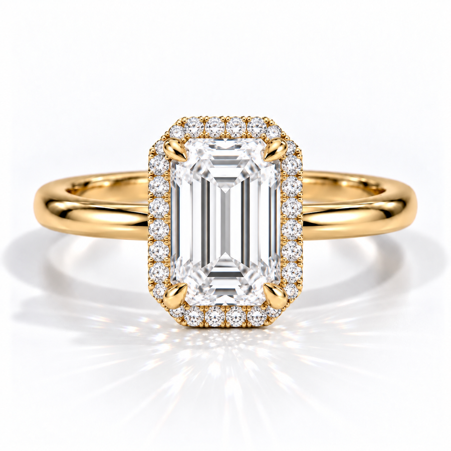 Emerald Halo-Verlobungsring aus Gelbgold mit rosafarbenem Labordiamant