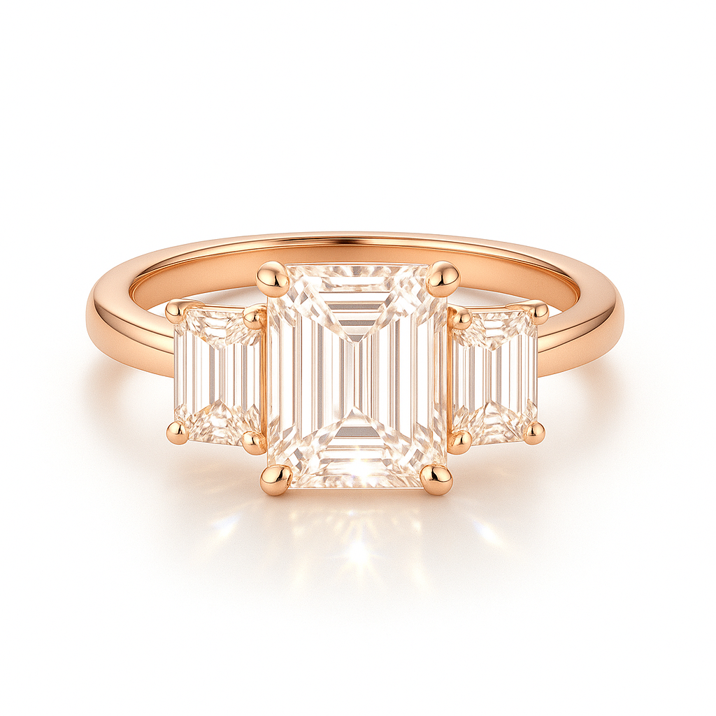 Emerald Threestone Verlobungsring aus 14k Roségold mit drei laborgezüchteten Diamanten, romantischer nachhaltiger Verlobungsring.