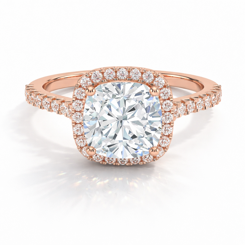 Susi Cushion Halo Verlobungsring aus 14k Roségold mit einem funkelnden, Laborgezüchteten Diamanten - handgefertigt & nachhaltig - von Labgrownlove