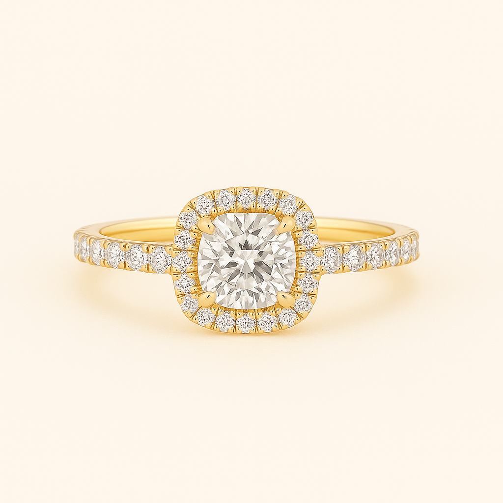 „Susi“ Halo Kissen Lab grown Diamant Ringe Lab Diamond Labgrownlove Handgefertigt Jetzt einkaufen gelb gold