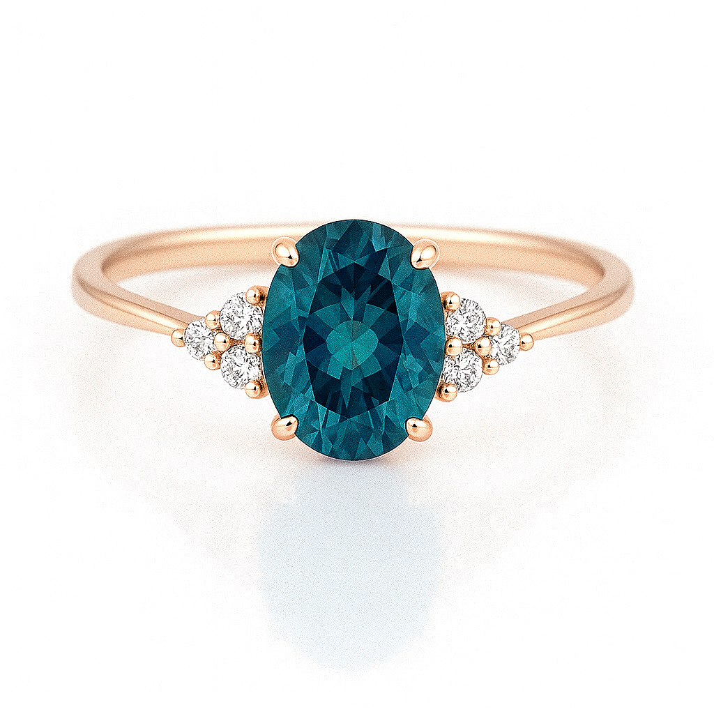 Feiner Weißgold-Ring mit ovalem blaugrünem Edelstein und funkelnden Diamanten – edler Verlobungsring in zeitlosem Stil.