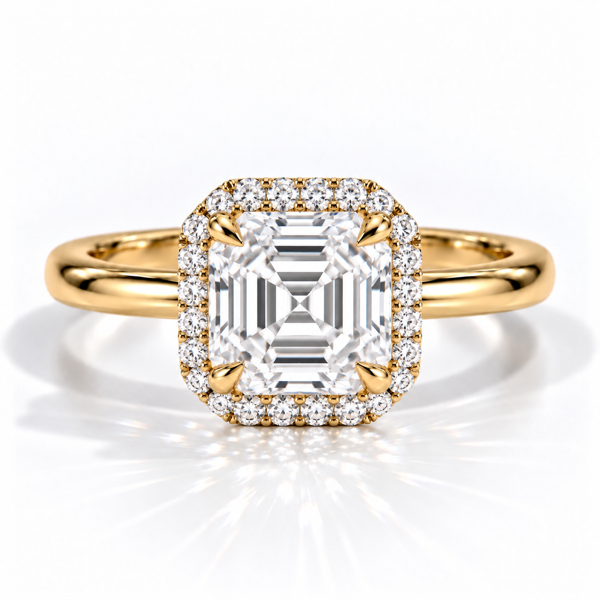 Asscher Halo-Verlobungsring aus Gelbgold mit Labordiamant