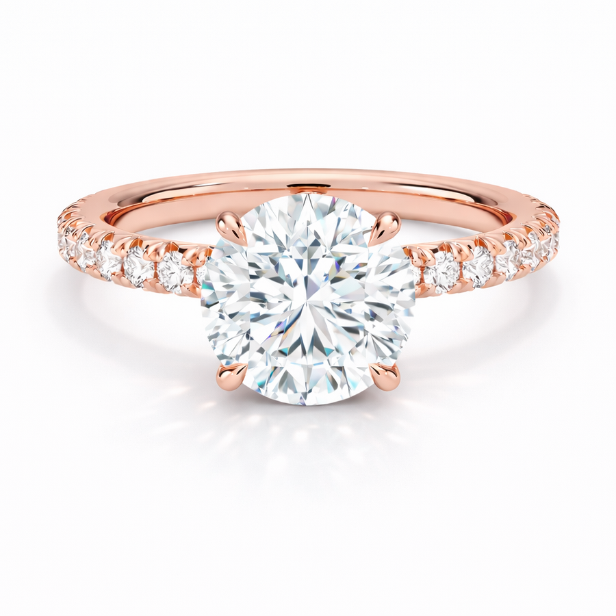 Runder Verlobungsring aus 14 Karat Roségold mit Labordiamant und Pavé-Ringschiene