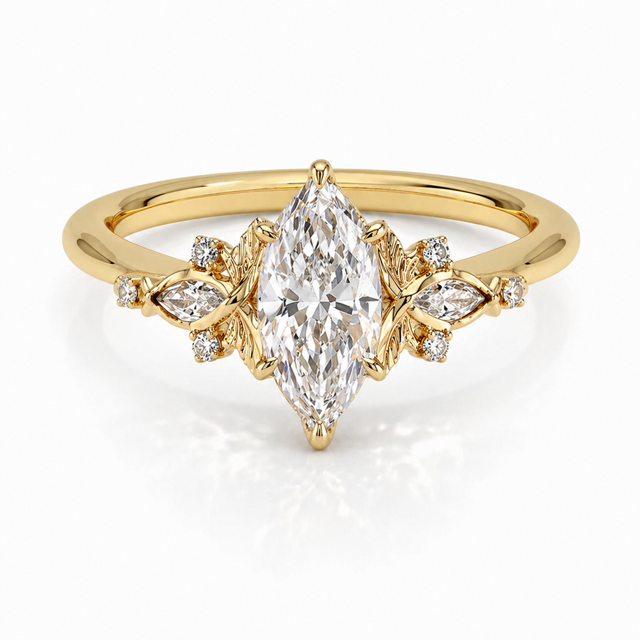 Marquise Cluster-Verlobungsring aus 14 Karat Gelbgold mit Labordiamant