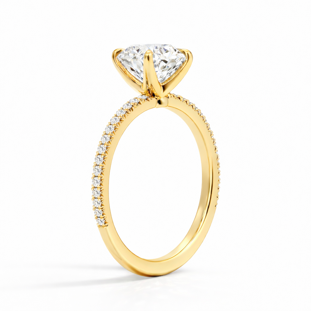 Tiffany Pavé Verlobungsring aus 14k Gelbgold mit einem funkelnden, Laborgezüchteten Diamanten - handgefertigt & nachhaltig - von Labgrownlove