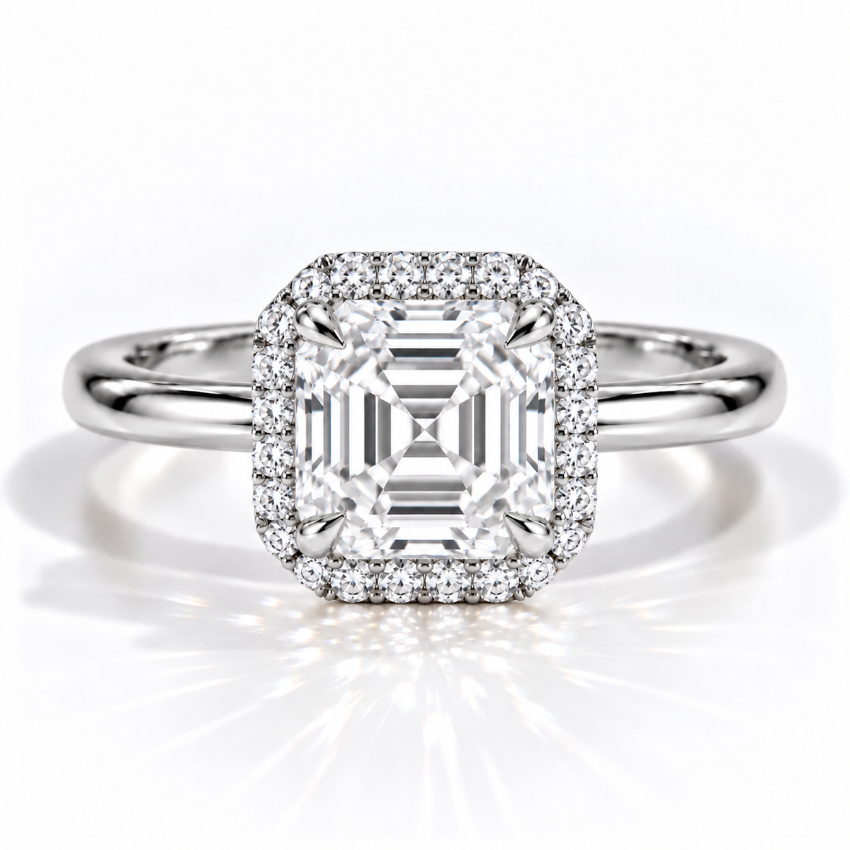 Asscher Halo-Verlobungsring aus Weißgold mit Labordiamant