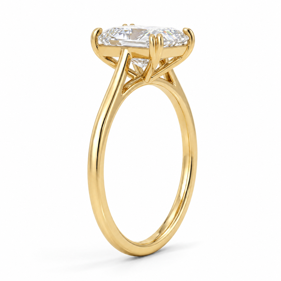 Seitenansicht: Radiant Verlobungsring aus 14 Karat Gelbgold mit Labordiamant und Cathedral-Fassung