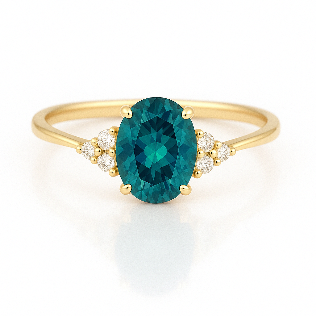 Eleganter Verlobungsring aus 585 Gelbgold mit ovalem blaugrünem Edelstein und seitlichen Diamanten – filigranes Design für moderne Romantik.