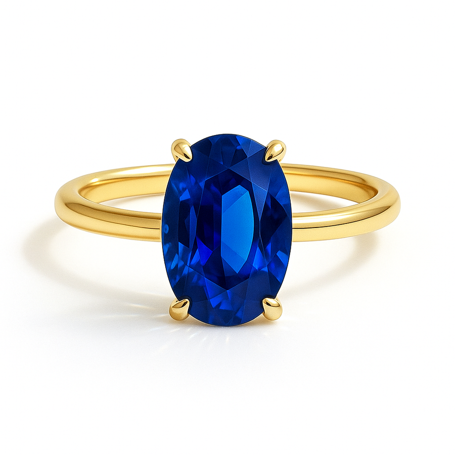 Ovaler Solitär-Verlobungsring aus Gelbgold mit blauem Labordiamant