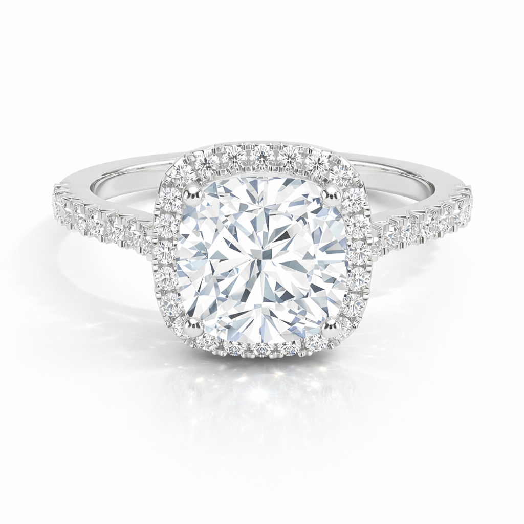 Susi Cushion Halo Verlobungsring aus 14k Weissgold mit einem funkelnden, Laborgezüchteten Diamanten - handgefertigt & nachhaltig - von Labgrownlove