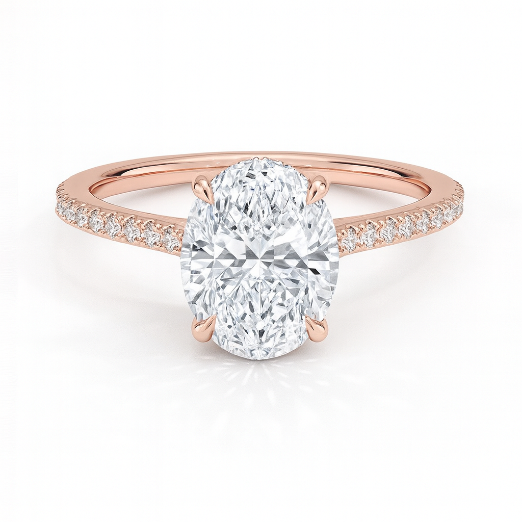 Scarlett Oval Pavé hidden Halo Verlobungsring aus 14k Roségold mit einem funkelnden, laborgezüchteten Diamanten – handgefertigt, nachhaltig, von Labgrownlove