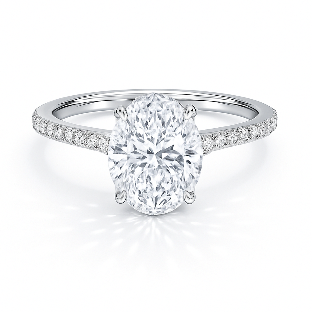 Scarlett Oval Pavé hidden Halo Verlobungsring aus 14k Weißgold mit einem funkelnden, laborgezüchteten Diamanten – handgefertigt, nachhaltig, von Labgrownlove