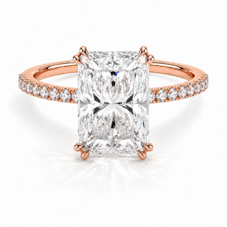 Radiant Verlobungsring aus 14 Karat Roségold mit Labordiamant und Pavé-Ringschiene und Cathedral-Fassung