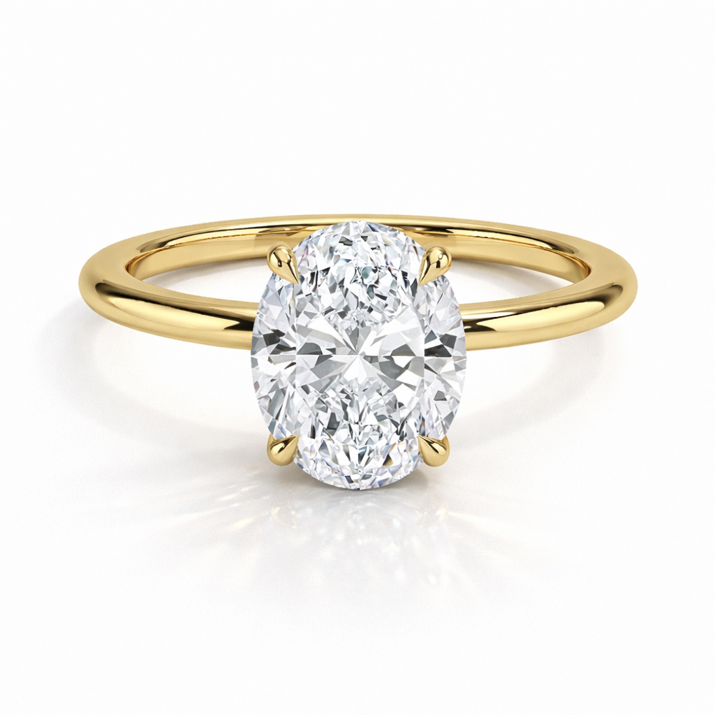 Candy Oval Solitär hidden Halo Verlobungsring aus 14k Gelbgold mit einem funkelnden, laborgezüchteten Diamanten – handgefertigt, nachhaltig, von Labgrownlove