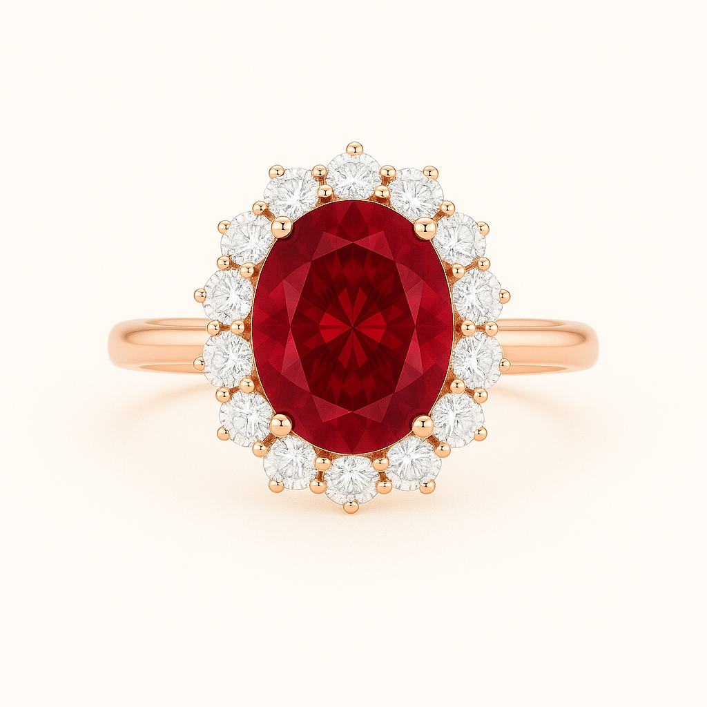 „Petunia“ Halo Brilliant Lab grown Diamant Ringe Lab Diamond Labgrownlove Handgefertigt Jetzt einkaufen oval rubinrot