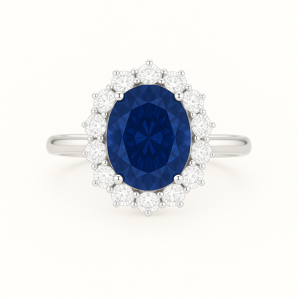„Petunia“ Halo Brilliant Lab grown Diamant Ringe Lab Diamond Labgrownlove Handgefertigt Jetzt einkaufen oval blau