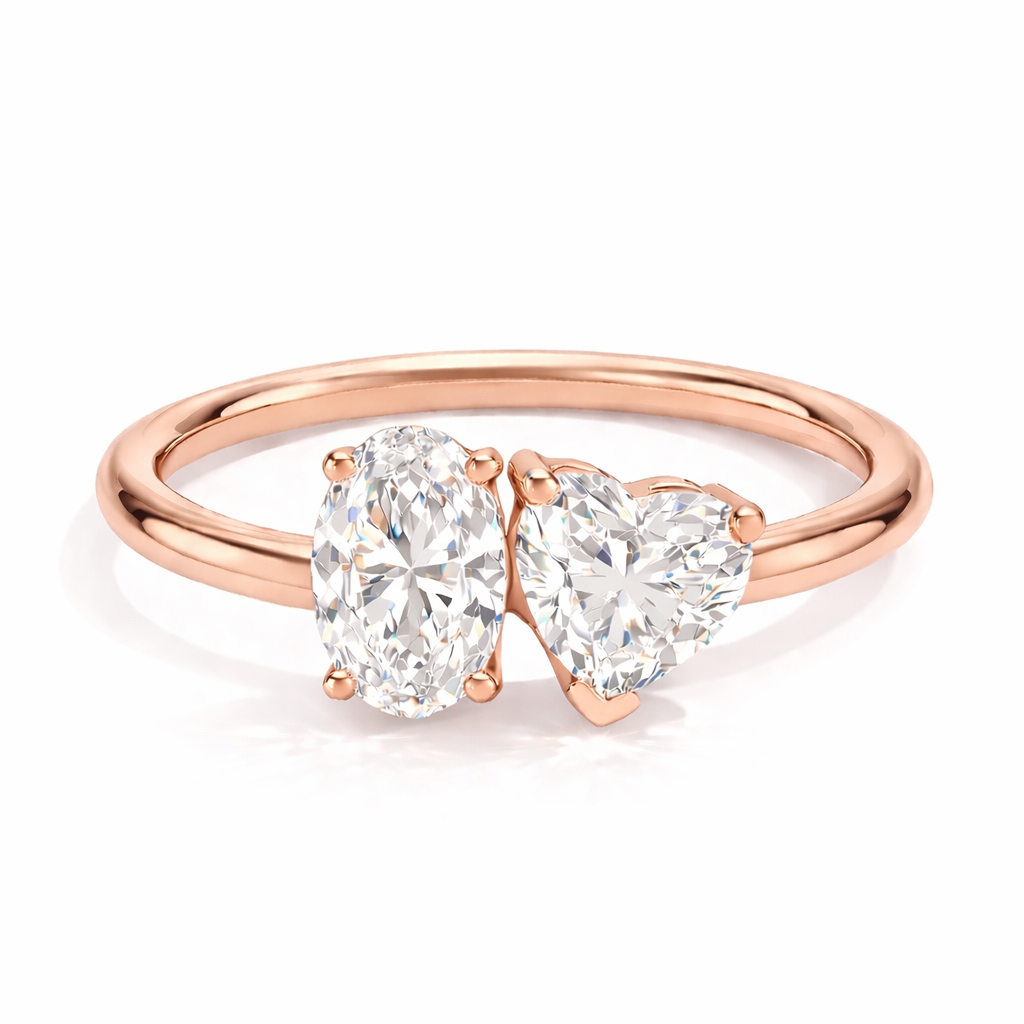 Toi-et-Moi Ring aus Roségold mit ovalem und herzförmigem laborgzüchtetem Diamanten, elegantes modernes Design