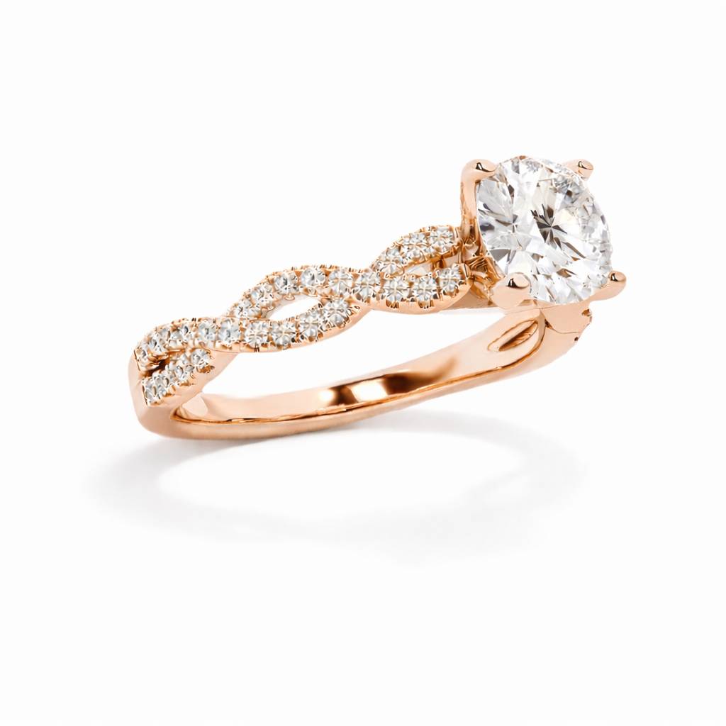 Ocean - Brilliant Twist-Pavé Verlobungsring aus 14k Roségold mit funkelndem Diamanten – handgefertigt, Laborgezüchtet & nachhaltig - von Labgrownlove