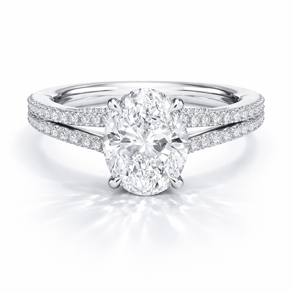 Jess Oval Split Cathedral Pavé Verlobungsring aus 14k Weißgold mit einem funkelnden, Laborgezüchtetem Diamanten - handgefertigt & nachhaltig - von Labgrownlove