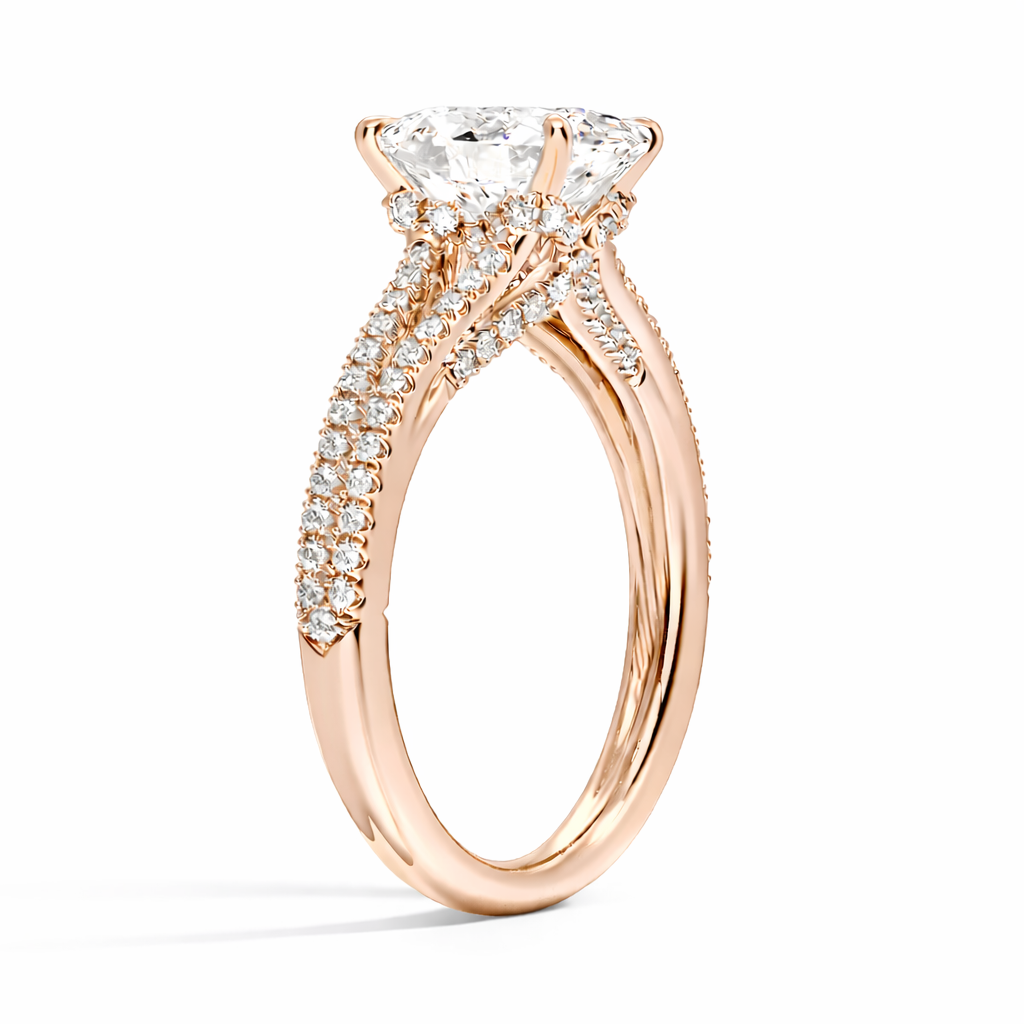 Jess Oval Split Cathedral Pavé Verlobungsring aus 14k Roségold mit einem funkelnden, Laborgezüchtetem Diamanten - handgefertigt & nachhaltig - von Labgrownlove