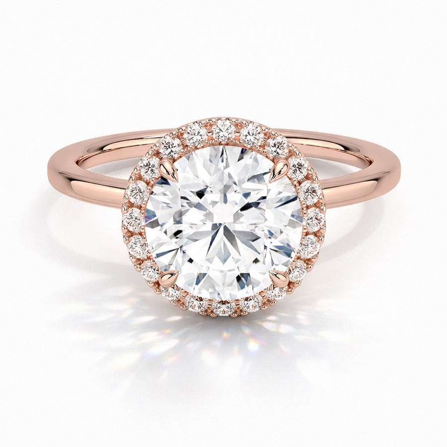 Runder Halo-Verlobungsring aus 14 Karat Roségold mit Labordiamant