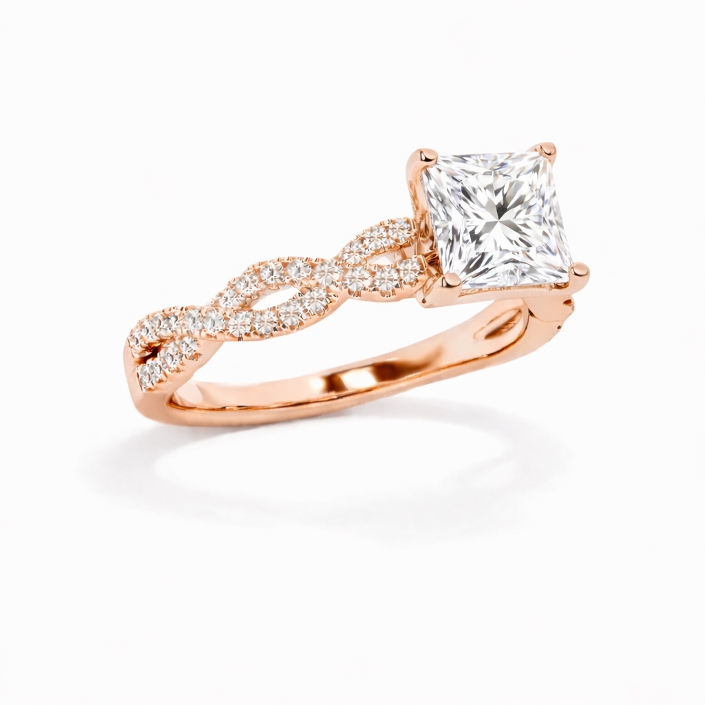 Luna - Princess Twist-Pavé | Halo Verlobungsring aus 14k Roségold mit einem funkelnden, Laborgezüchteten Diamanten - handgefertigt &