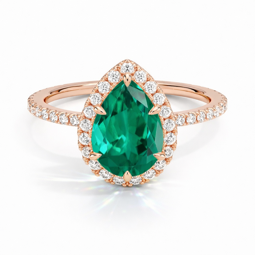 Diana - Tropfen Halo hidden halo Verlobungsring aus 14k Roségold mit einem funkelnden, Laborgezüchteten Smaragd - handgefertigt & nachhaltig - von Labgrownlove
