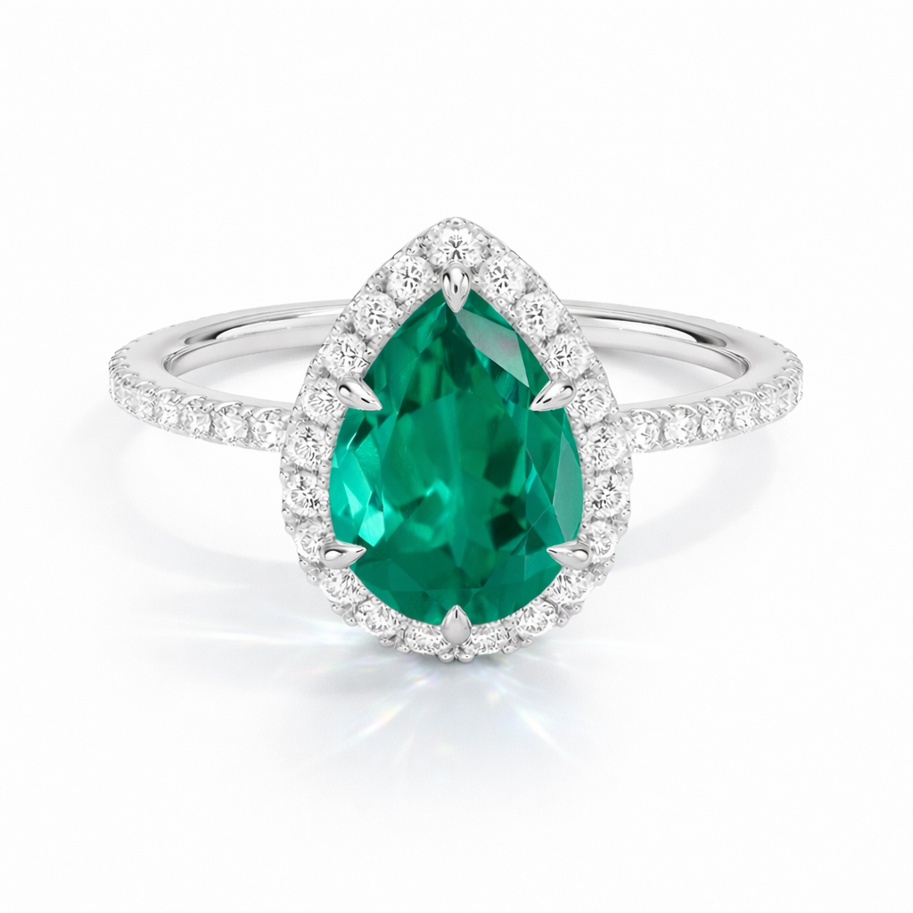 Diana - Tropfen Halo hidden halo Verlobungsring aus 14k Weißgold mit einem funkelnden, Laborgezüchteten Smaragd - handgefertigt & nachhaltig - von Labgrownlove