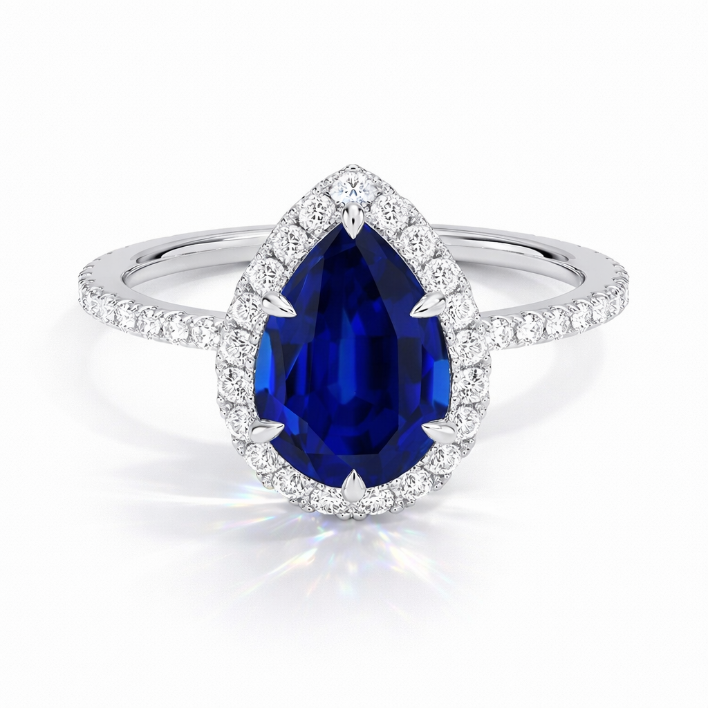 Diana - Tropfen Halo hidden halo Verlobungsring aus 14k Weißgold mit einem funkelnden, Laborgezüchteten Saphir - handgefertigt & nachhaltig - von Labgrownlove