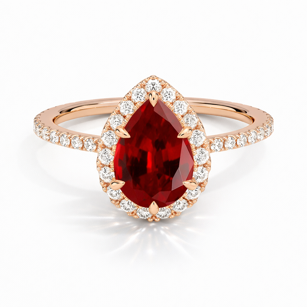 Diana - Tropfen Halo hidden halo Verlobungsring aus 14k Roségold mit einem funkelnden, Laborgezüchteten Rubin - handgefertigt & nachhaltig - von Labgrownlove