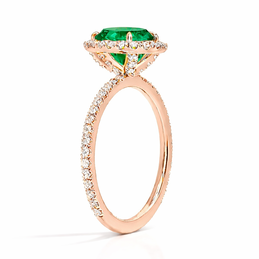 Diana - Tropfen Halo hidden halo Verlobungsring aus 14k Roségold mit einem funkelnden, Laborgezüchteten Smaragd - handgefertigt & nachhaltig - von Labgrownlove