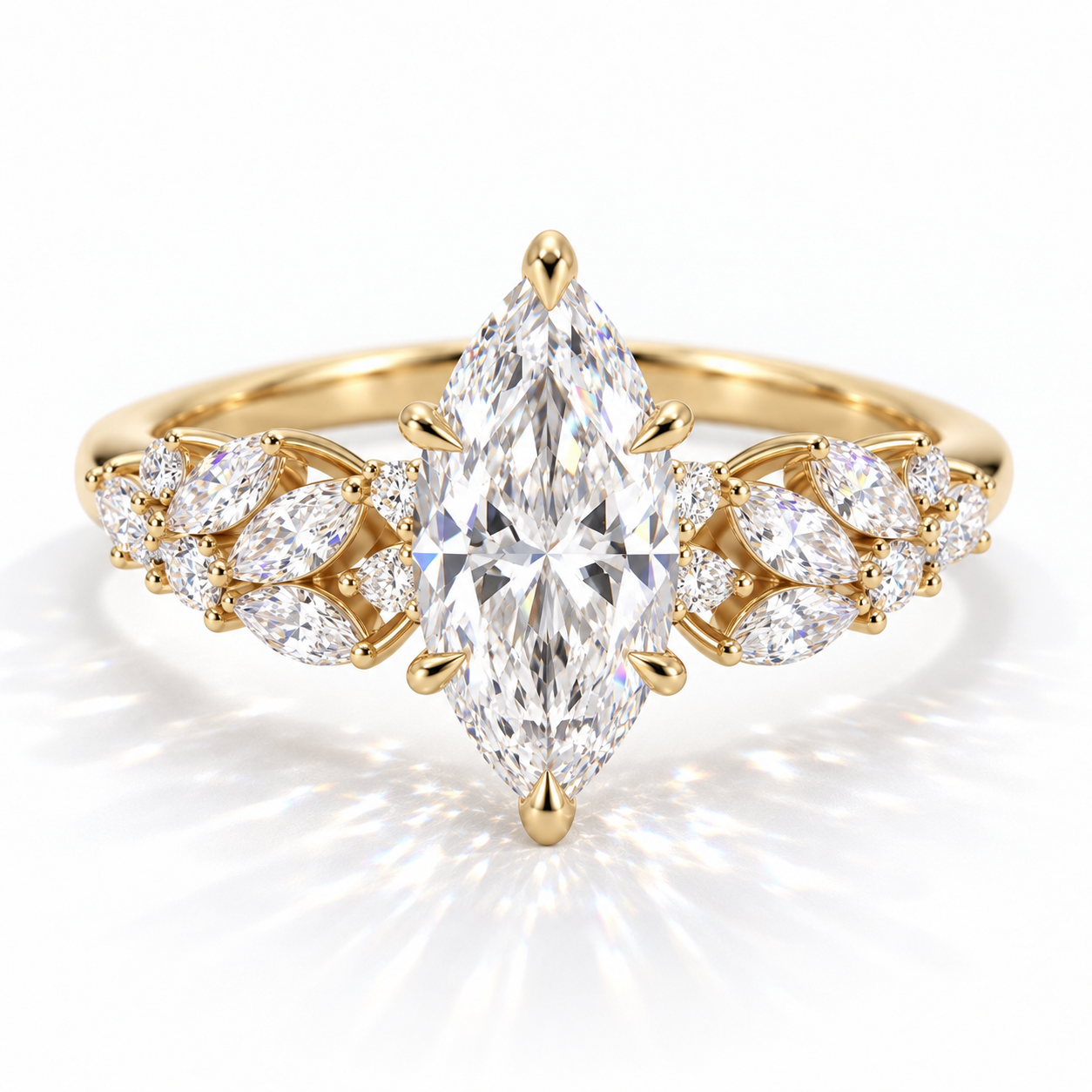 Demi - Marquise Cluster hidden halo Verlobungsring aus 14k Gelbgold mit einem funkelnden, laborgezüchteten Diamanten und einem Tulpen Setting- handgefertigt & nachhaltig - von Labgrownlove