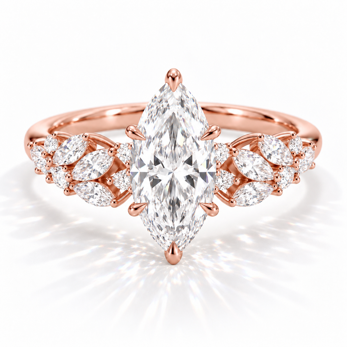Demi - Marquise Cluster hidden halo Verlobungsring aus 14k Roségold mit einem funkelnden, laborgezüchteten Diamanten und einem Tulpen Setting- handgefertigt & nachhaltig - von Labgrownlove