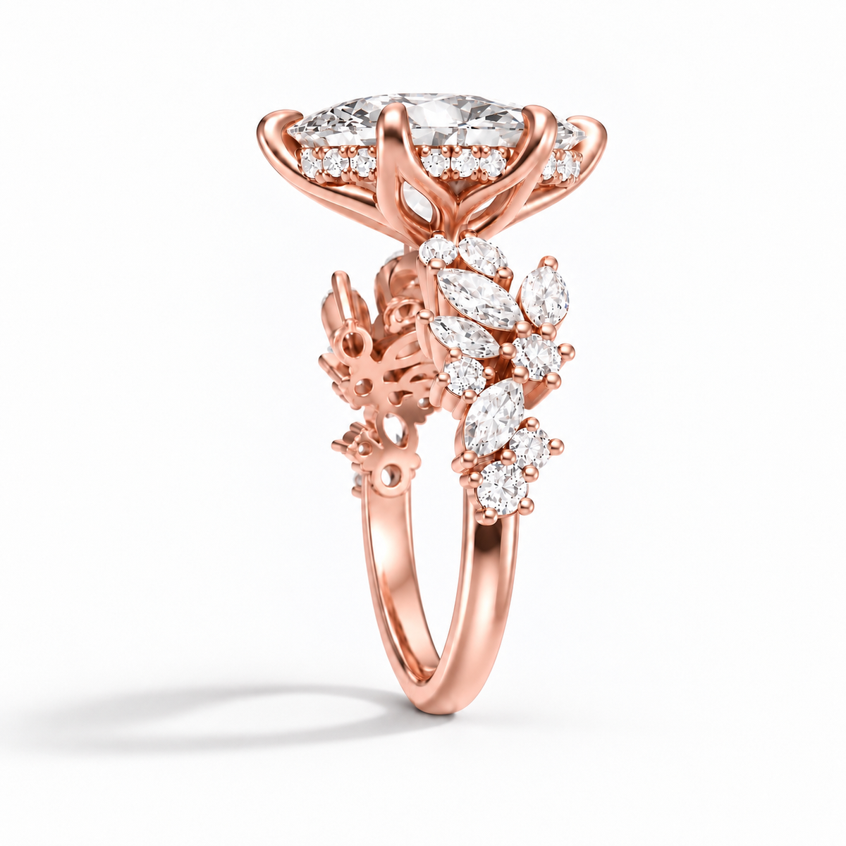 Demi - Marquise Cluster hidden halo Verlobungsring aus 14k Roségold mit einem funkelnden, laborgezüchteten Diamanten und einem Tulpen Setting- handgefertigt & nachhaltig - von Labgrownlove