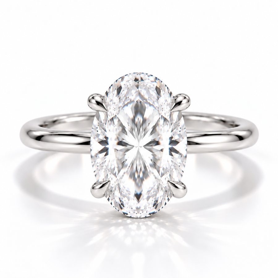 Ovaler Solitär-Verlobungsring aus 14 Karat Weißgold mit Labordiamant und Hidden Halo und Tulpenfassung