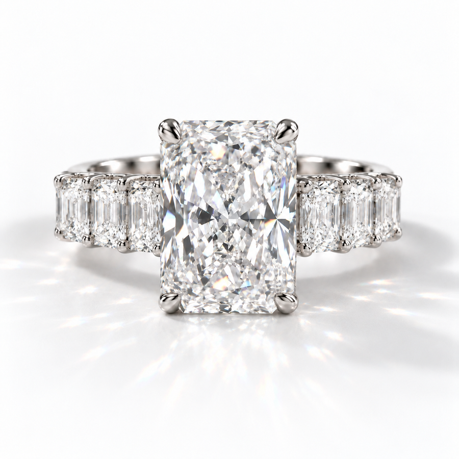Radiant Verlobungsring aus 18 Karat Weißgold mit Labordiamant und Pavé-Ringschiene und Hidden Halo