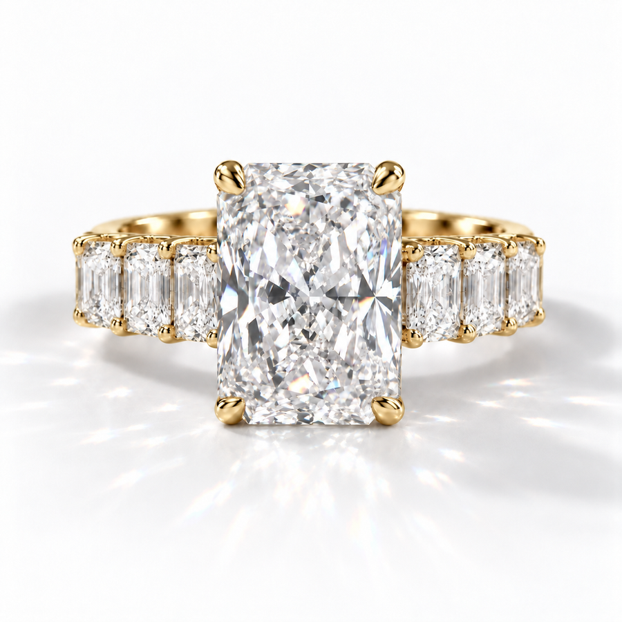 Radiant Verlobungsring aus 18 Karat Gelbgold mit Labordiamant und Pavé-Ringschiene und Hidden Halo