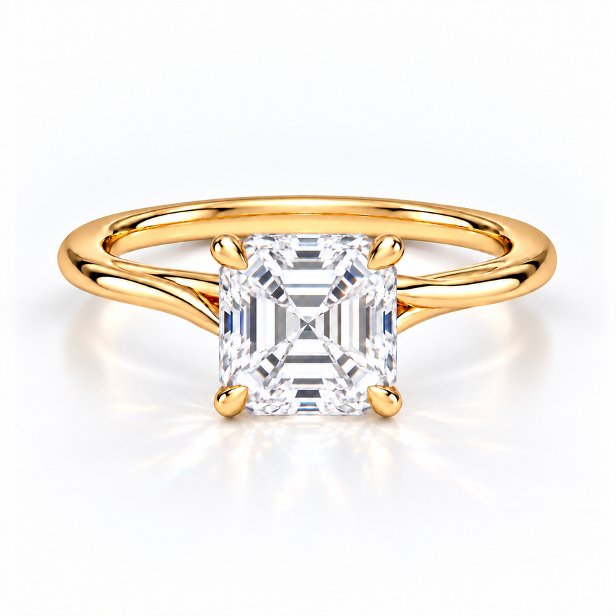 Asscher Verlobungsring aus Gelbgold mit Labordiamant und Hidden Halo und Cathedral-Fassung
