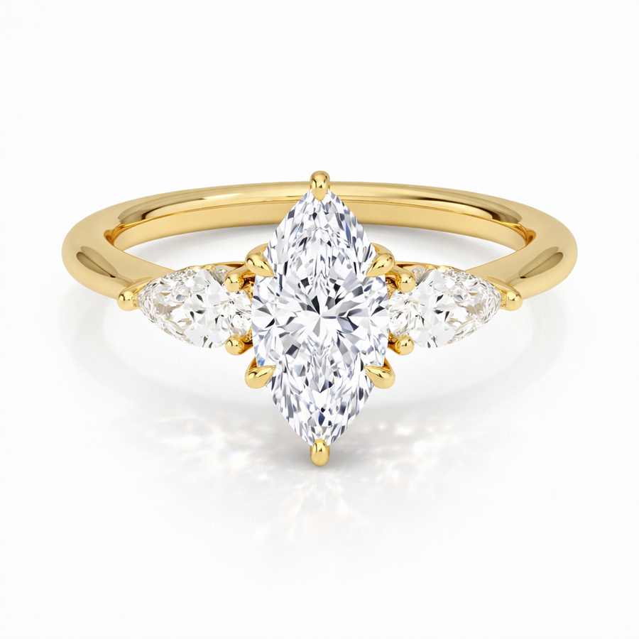 Marquise Dreistein-Verlobungsring aus Gelbgold mit Labordiamant