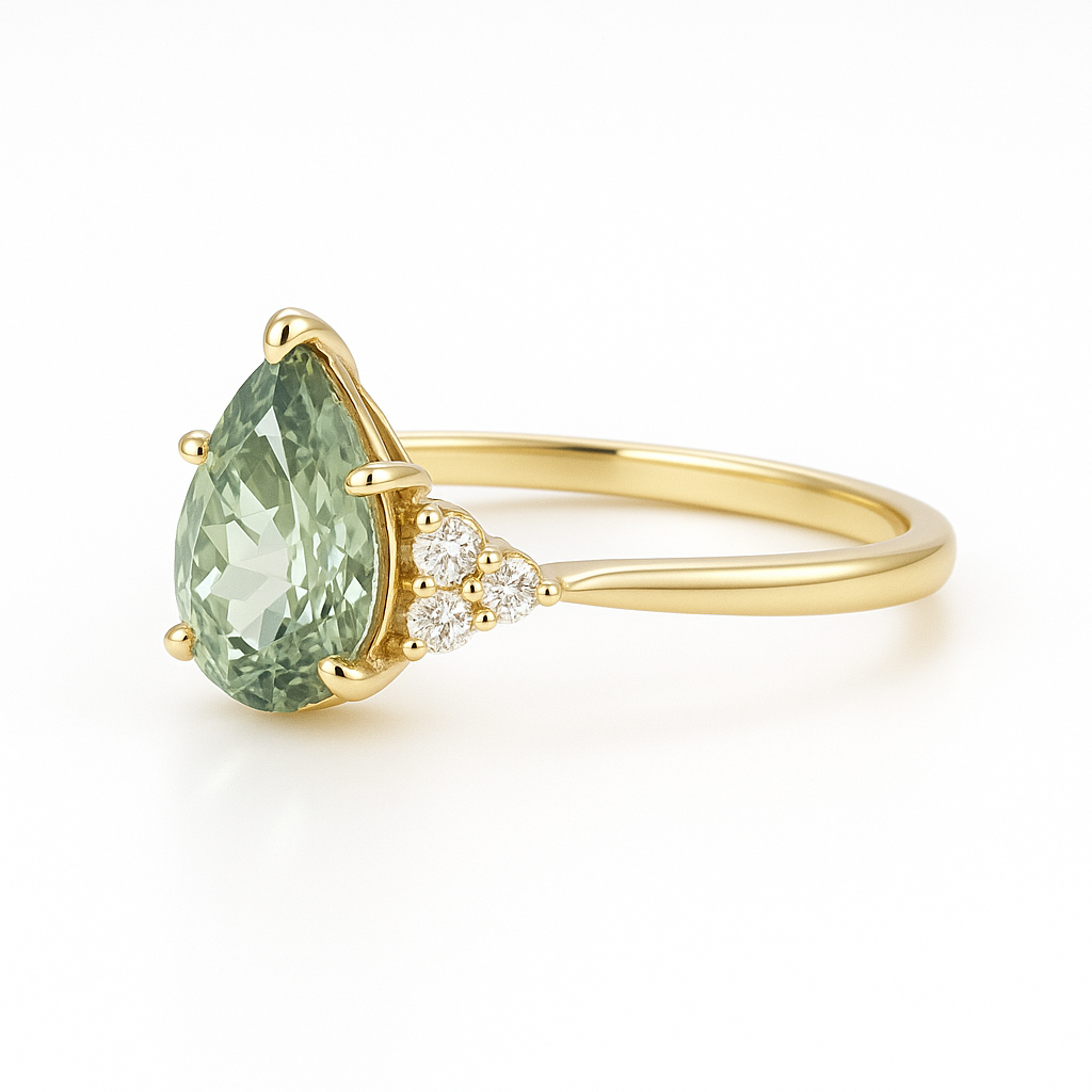 Eleganter Verlobungsring mit tropfenförmigem, laborgezüchtetem grünen Diamanten in 14K Gelbgold – nachhaltiger Dreistein-Ring für Frauen.