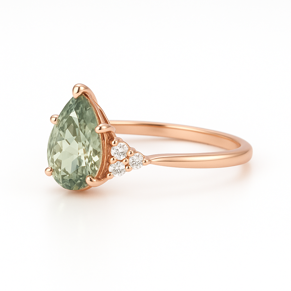 Eleganter Verlobungsring mit tropfenförmigem, laborgezüchtetem grünen Diamanten in 14K Roségold – nachhaltiger Dreistein-Ring für Frauen.