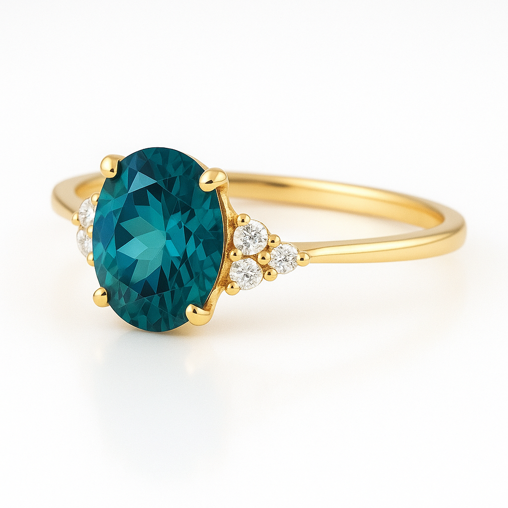 Eleganter Verlobungsring aus 585 Gelbgold mit ovalem blaugrünem Edelstein und seitlichen Diamanten – filigranes Design für moderne Romantik.