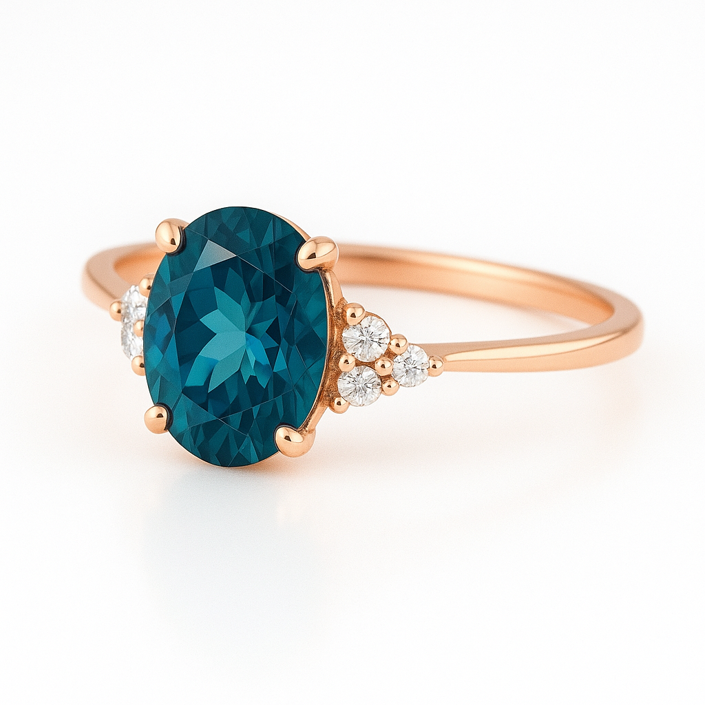 Romantischer Roségold-Ring mit ovalem blaugrünem Edelstein und zarten Diamanten – femininer Verlobungsring mit luxuriösem Glanz.