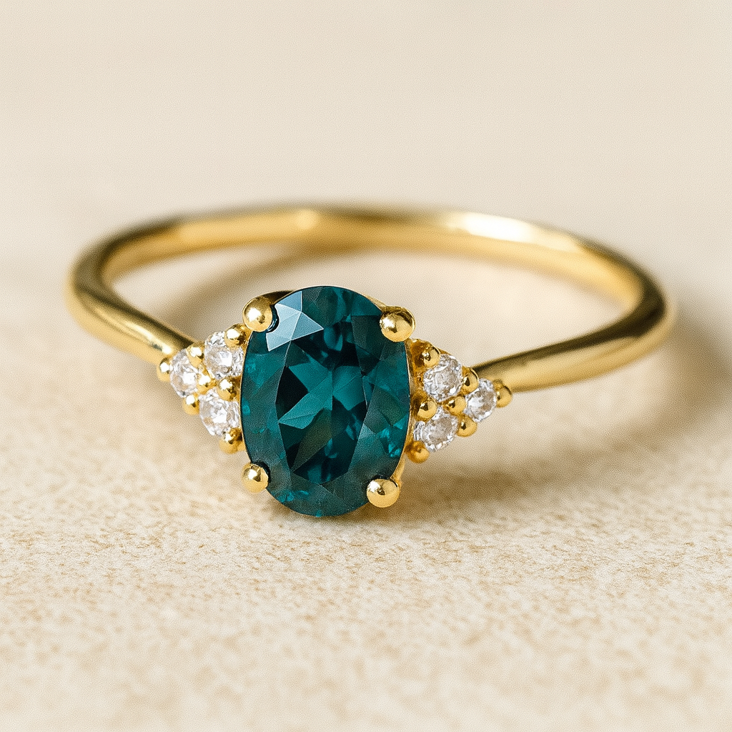 Eleganter Verlobungsring aus 585 Gelbgold mit ovalem blaugrünem Edelstein und seitlichen Diamanten – filigranes Design für moderne Romantik.