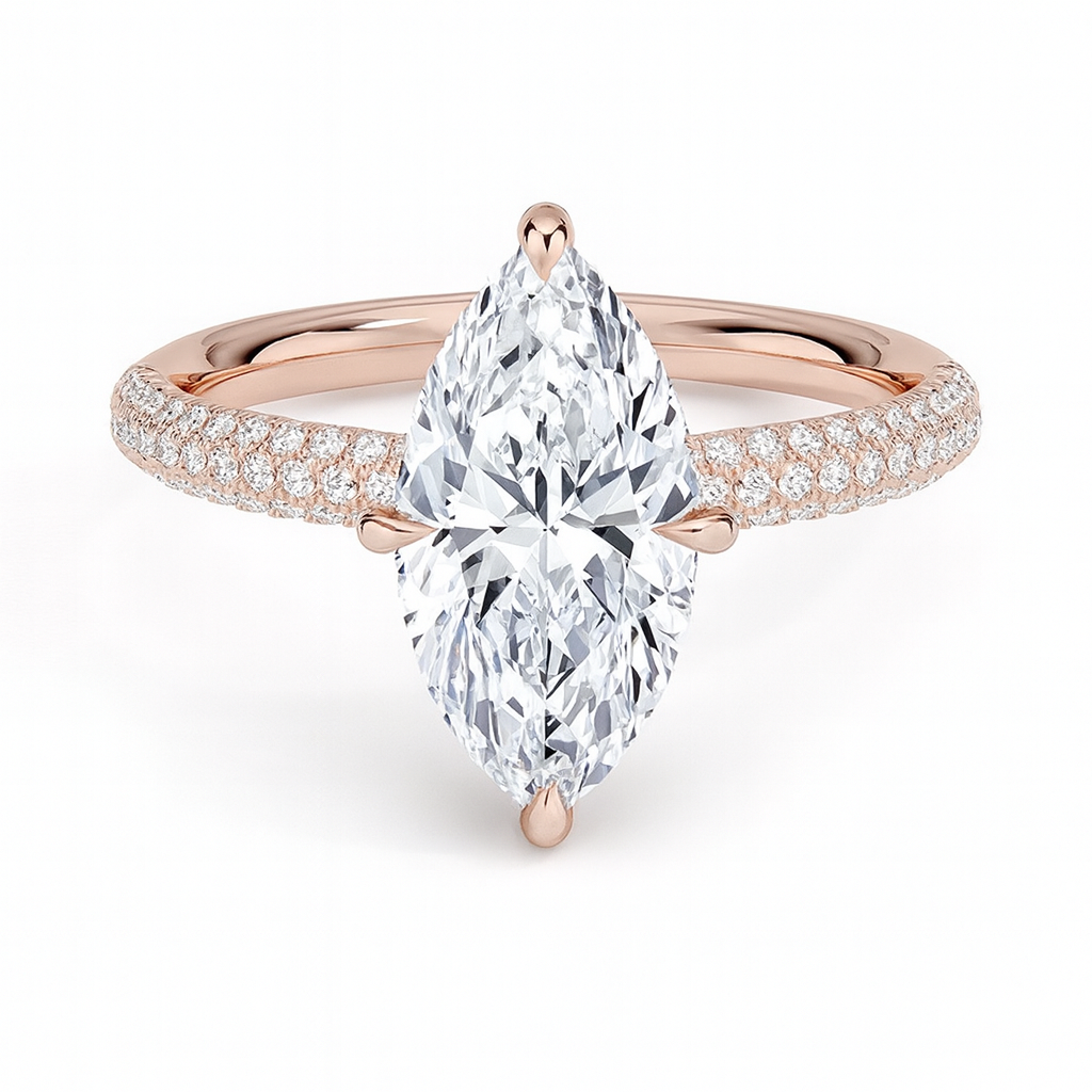 Anna Marquise 3-Reihiger Pavé Verlobungsring aus 14k Roségold mit einem funkelnden, laborgezüchteten Diamanten – handgefertigt, nachhaltig, von Labgrownlove