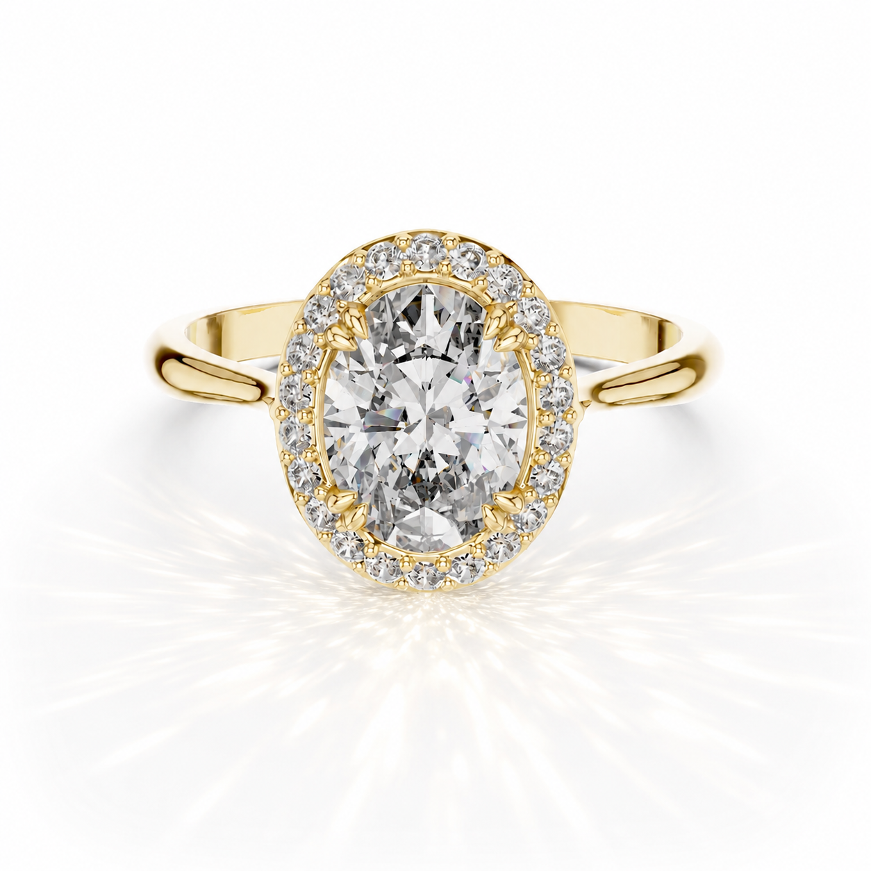 Olivia - Oval Solitaire Halo Cathedral Verlobungsring aus 14k Gelbgold mit einem funkelnden, laborgezüchteten Diamanten - handgefertigt & nachhaltig - von Labgrownlove