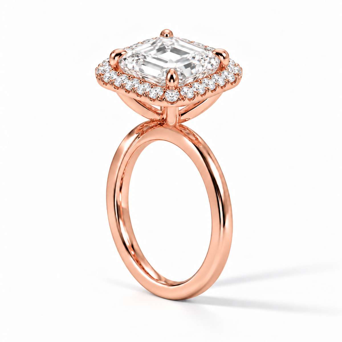 Seitenansicht: Asscher Halo-Verlobungsring aus Roségold mit Labordiamant