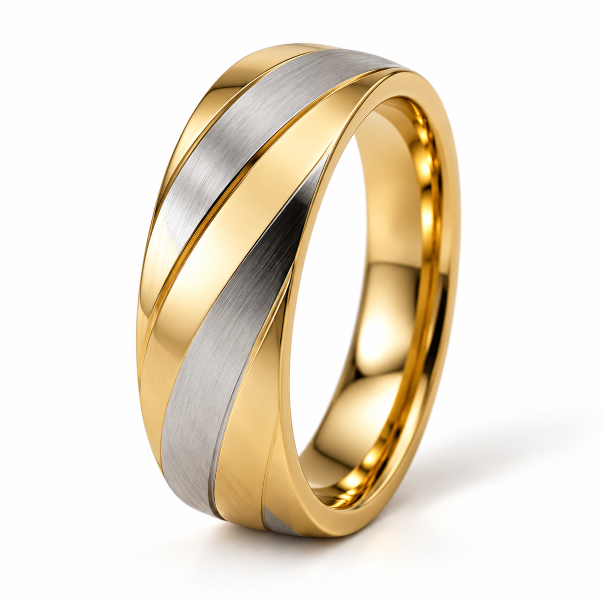 Emilio Herren-Ehering Bicolor Gelbgold und Weißgold – Dreiviertelansicht auf weißem Hintergrund